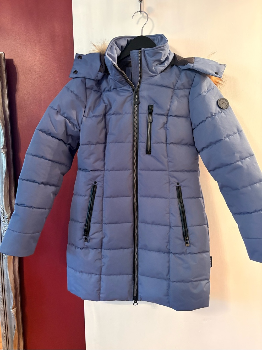 Noize Blue Quilted Long Puffer Coat with Faux Fur Hood Trim